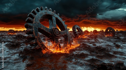 A dramatic industrial landscape featuring large gears emerging from fiery ground, evoking themes of destruction and machinery in a dark, apocalyptic atmosphere. photo