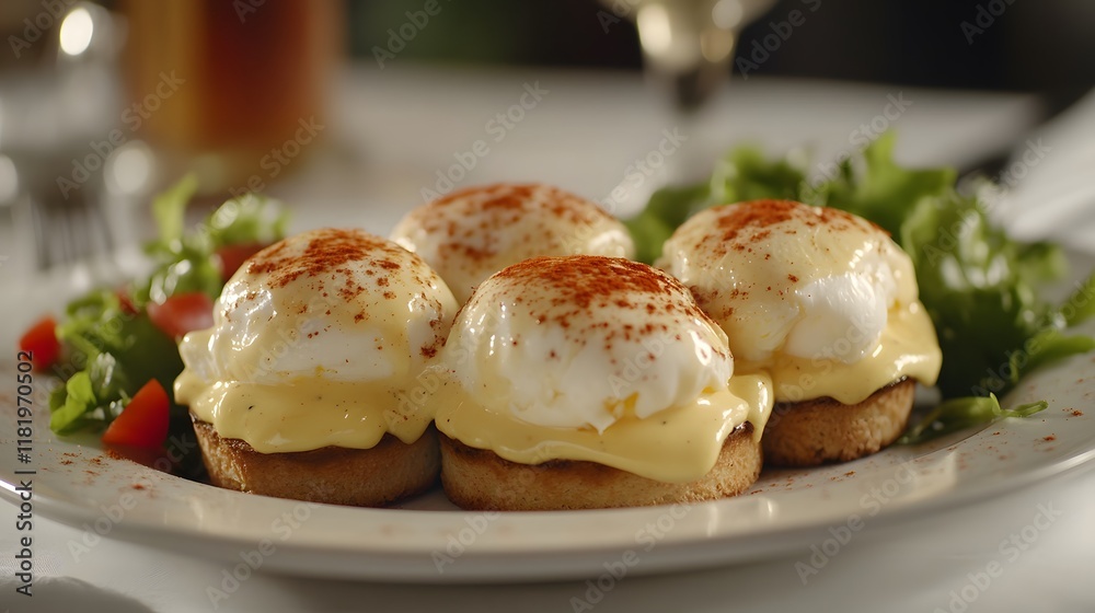Gourmet Presentation of Poached Eggs Benedict with Paprika and Mixed Greens for Breakfast Gourmet Presentation of Poached Eggs Benedict with Paprika and Mixed Greens for Breakfast