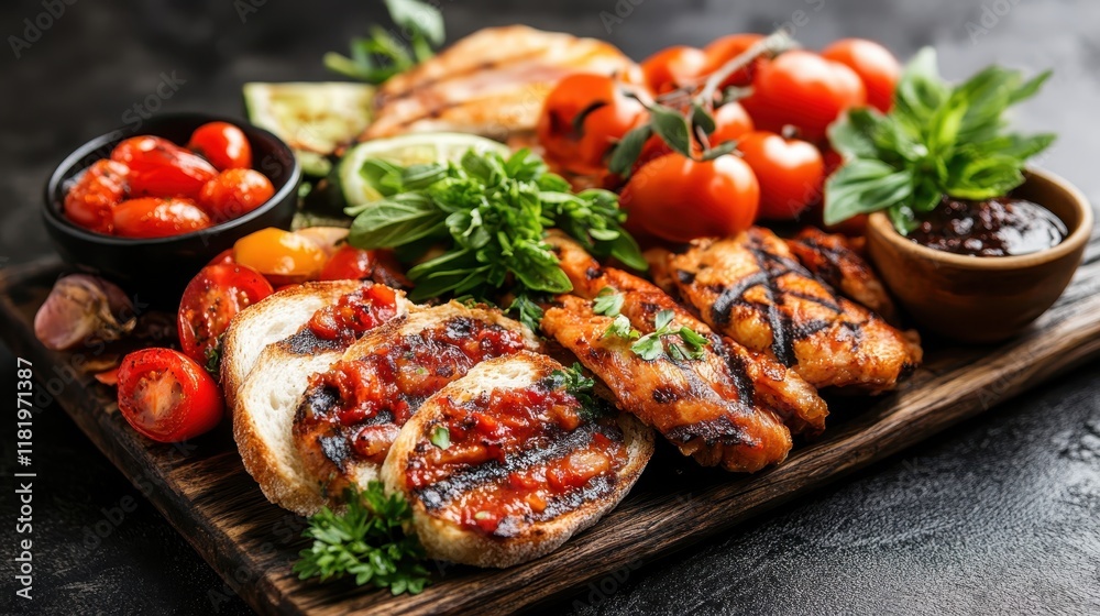 An inviting display of grilled chicken served alongside roasted cherry tomatoes and fresh herbs, perfect for a healthy meal that showcases vibrant and wholesome ingredients. An inviting display of grilled chicken served alongside roasted cherry tomatoes and fresh herbs, perfect for a healthy meal that showcases vibrant and wholesome ingredients.