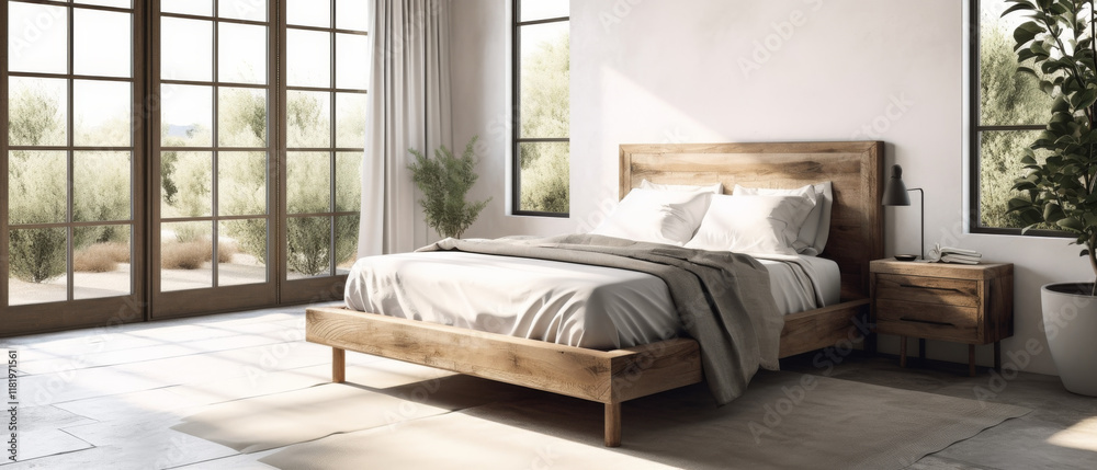 Obraz premium style bedroom featuring a natural wood bed frame, soft gray bedding, and minimalist dor. 