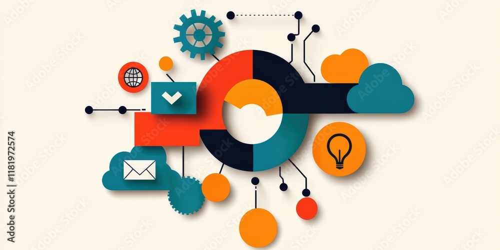 Obraz premium A vibrant digital illustration featuring abstract shapes, gears, and cloud motifs, symbolizing technology, innovation, and connectivity.