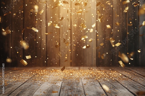Charming rustic wood anniversary celebration featuring golden accents, sparkling confetti, and soft illumination for a joyful ambiance