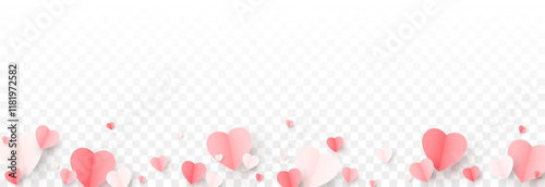 Vector paper hearts png. Heart shaped confetti. Paper origami heart shaped. Valentine's day decorative elements.