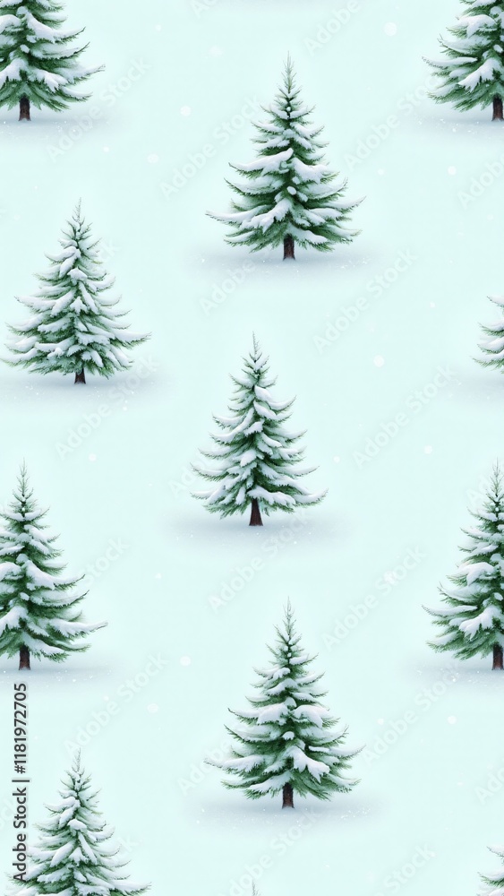 Obraz premium A seamless pattern of snowy pine trees on an icy blue background. Detailed branches dusted with snow evoke the serenity of a winter forest, perfect for seasonal designs and decor.