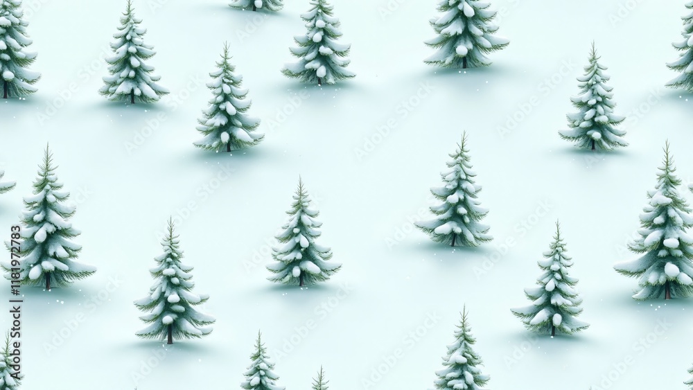 Fototapeta premium A seamless pattern of snowy pine trees on an icy blue background. Detailed branches dusted with snow evoke the serenity of a winter forest, perfect for seasonal designs and decor.