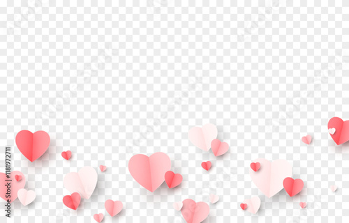 Vector paper hearts png. Heart shaped confetti. Paper origami heart shaped. Valentine's day decorative elements.