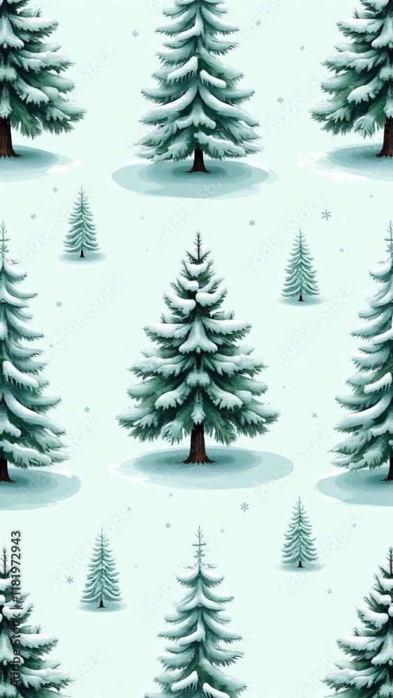 Obraz premium A seamless pattern of snowy pine trees on an icy blue background. Detailed branches dusted with snow evoke the serenity of a winter forest, perfect for seasonal designs and decor.