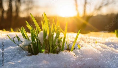 Green grass growing under melting snow at sunrise, end of winter, spring snow melt and plants waking up