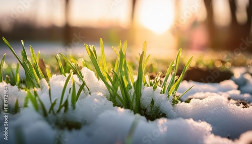 Green grass growing under melting snow at sunrise, end of winter, spring snow melt and plants waking up photo