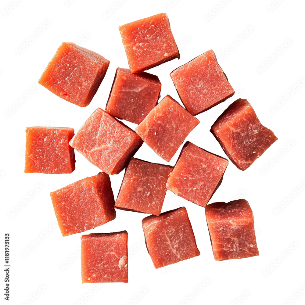Freshly cut beef cubes arranged evenly on a clean white surface ready for cooking or marinating. Transparent background. Freshly cut beef cubes arranged evenly on a clean white surface ready for cooking or marinating. Transparent background.