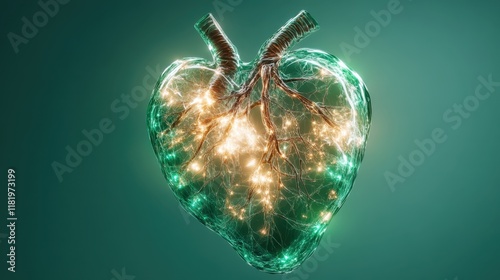 A vibrant, luminous green heart with glowing branches symbolizes life and vitality, merging the natural world with artistic expression in a captivating way. photo