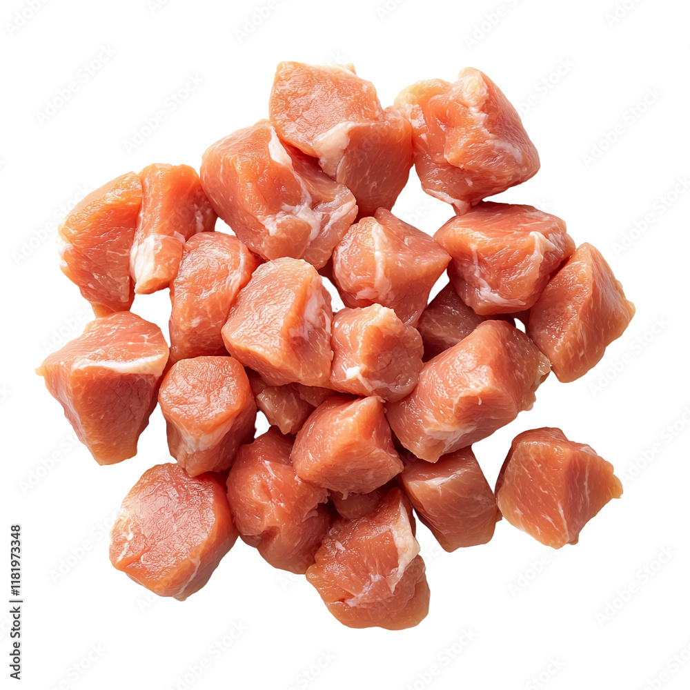 Fresh raw pork chunks arranged on a clean surface ready for cooking or preparation activities at home or in a restaurant. Transparent background. Fresh raw pork chunks arranged on a clean surface ready for cooking or preparation activities at home or in a restaurant. Transparent background.