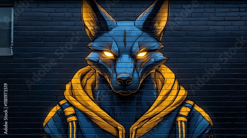 A Blue Fox Wearing A Yellow Hoodie Mural On Brick photo