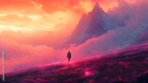 Solitary figure silhouetted against a captivating mountainous landscape enveloped in a dramatic vibrant chromatic skyscape that blends hazy cinematic tones and gradients