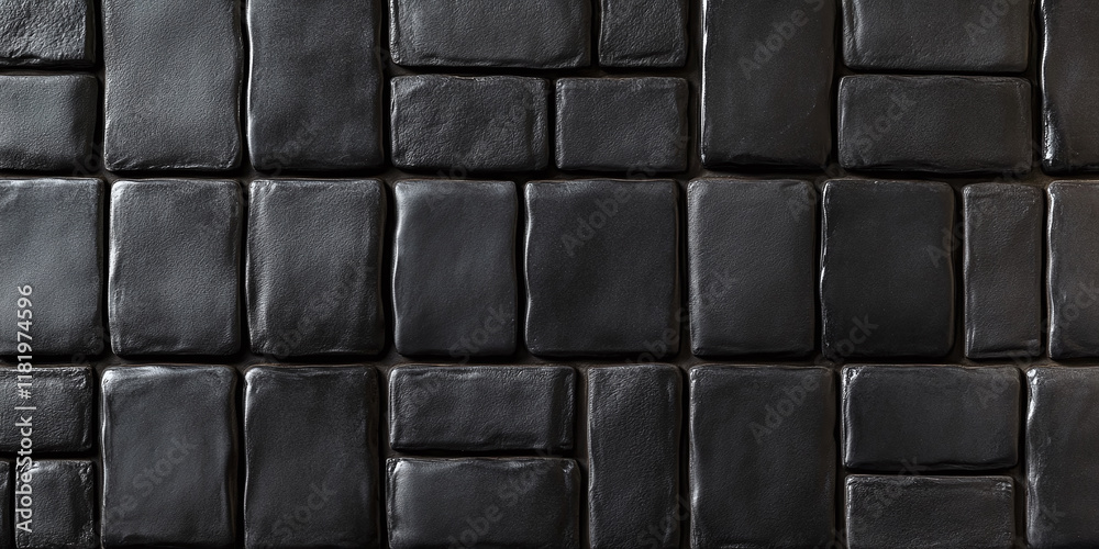Obraz premium Close-up of glossy black tiles arranged in a geometric pattern, creating a modern and sleek texture ideal for architectural or interior design concepts.