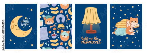 Sweet dreams, good health concept. Vector illustration of dog and cat in bed, night sky, stars. Design template with pose of sleeping for flyer, layout