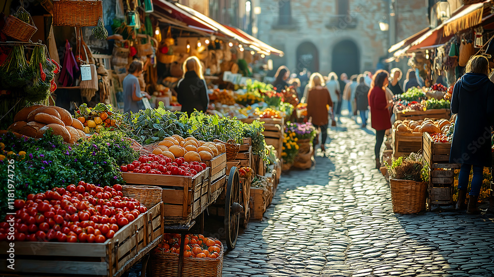Obraz premium European Farmers Market with Fresh vegetable and Artisanal Goods on a Sunny Day