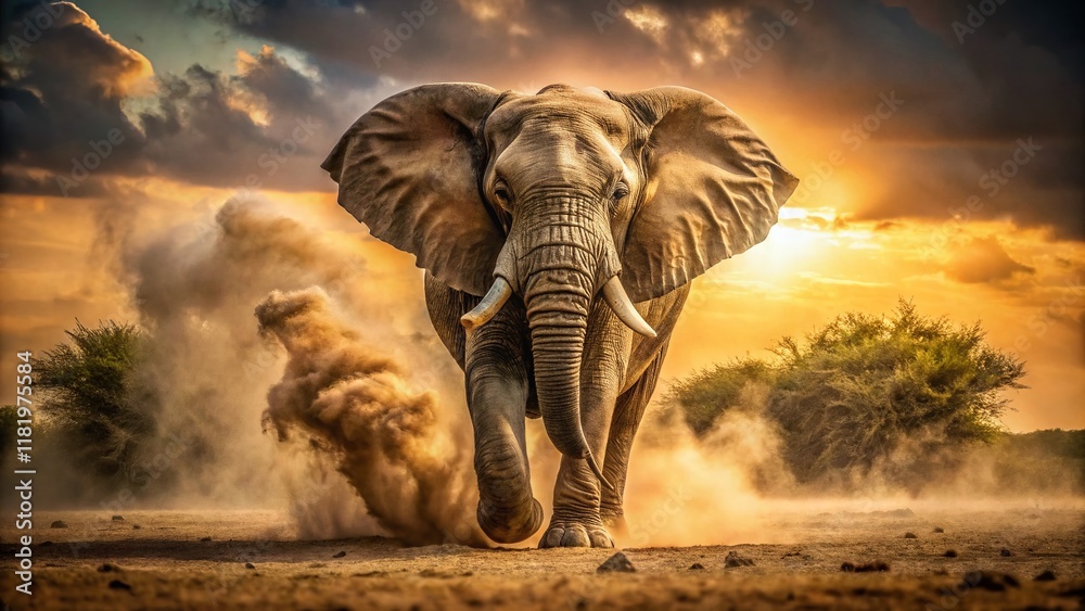 Fototapeta premium Powerful Charging Elephant in Dusty African Savanna Landscape