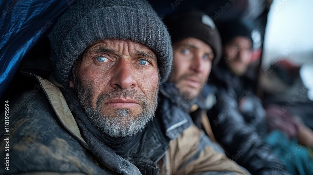 Three men’s captivating gazes reflecting hope and determination while seeking warmth in a challenging environment, symbolizing resilience and the human spirit's fight against hardship. Three men’s captivating gazes reflecting hope and determination while seeking warmth in a challenging environment, symbolizing resilience and the human spirit's fight against hardship.
