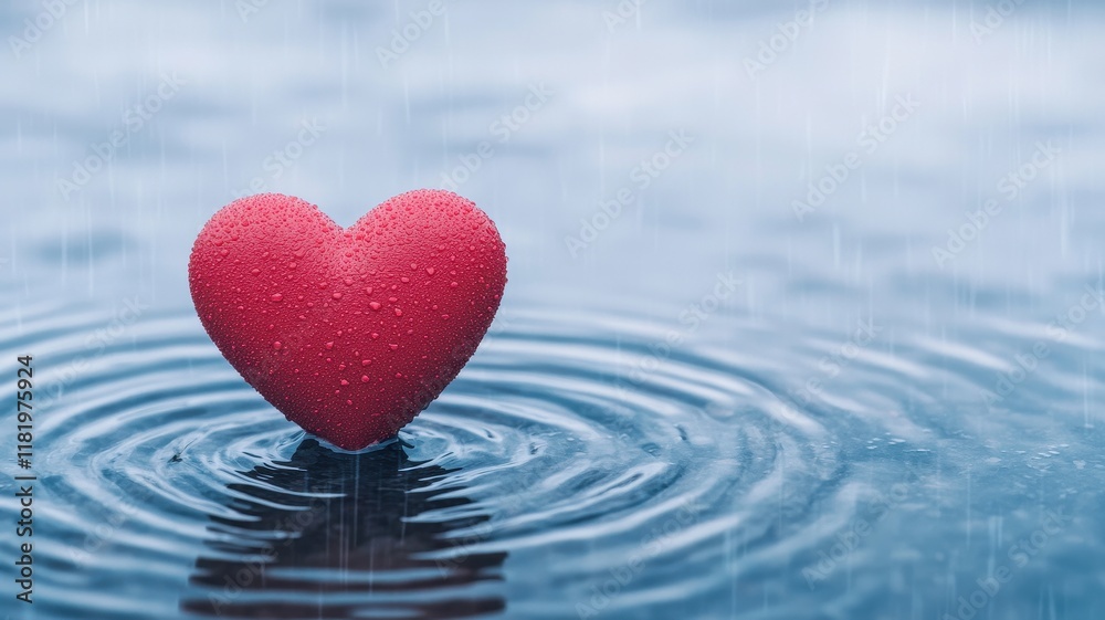 Fototapeta premium Heart ripple effect on a rainy lake, soft misty background, 3D illustration