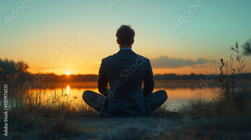 business suits man meditation sitting on the edge of the lake sunrise