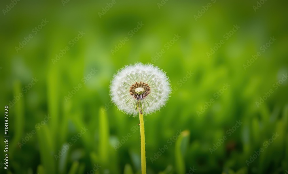 Fluffy dandelion seed head in green grass Fluffy dandelion seed head in green grass