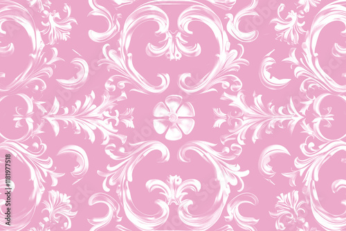 pastel pink ornate damask pattern with vintage floral filigree, baroque motifs, elegant rococo curls, and decoration for romantic wedding and classic victorian design photo