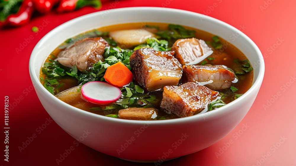Sinigang with meat and vegetables in white bowl on red background Sinigang with meat and vegetables in white bowl on red background