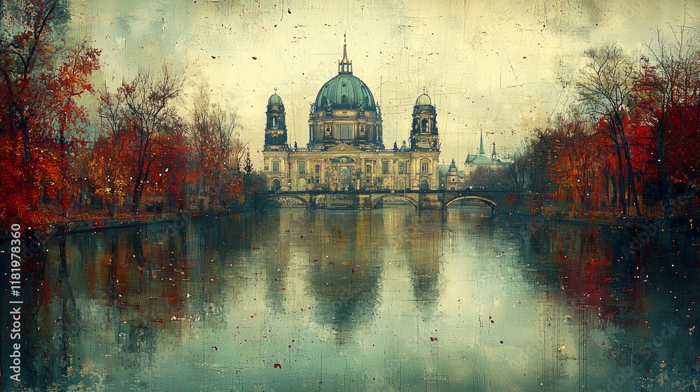 Fototapeta premium Autumnal view of a cathedral reflected in calm water, surrounded by colorful trees.