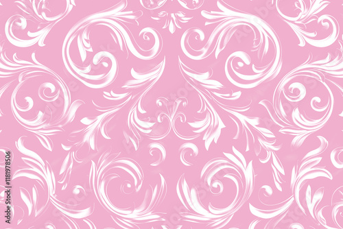 pastel pink ornate damask pattern with vintage floral filigree, baroque motifs, elegant rococo curls, and decoration for romantic wedding and classic victorian design photo