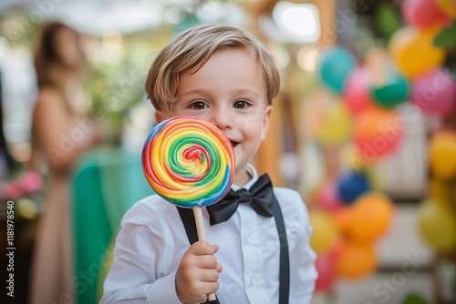 Portrait of a child holding a giant lollipop, dressed as a ring bearer, colorful outdoor wedding with playful decorations, joyful and fun vibe photo