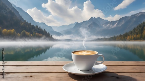 features a cup of coffee placed on a wooden table. In the background, there is a breathtaking view of a mountain lake surrounded by misty mountains. The sky is partially covered with clouds