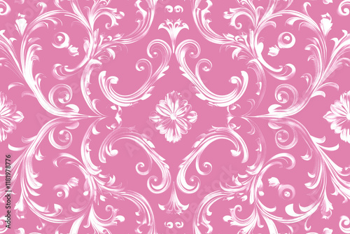 pastel pink ornate damask pattern with vintage floral filigree, baroque motifs, elegant rococo curls, and decoration for romantic wedding and classic victorian design