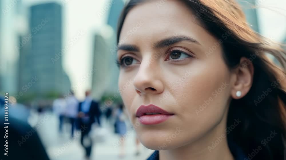 A serious Caucasian businesswoman with a smartphone in the center of the city's business district. This serious businesswoman captures important moments in the bustling district.