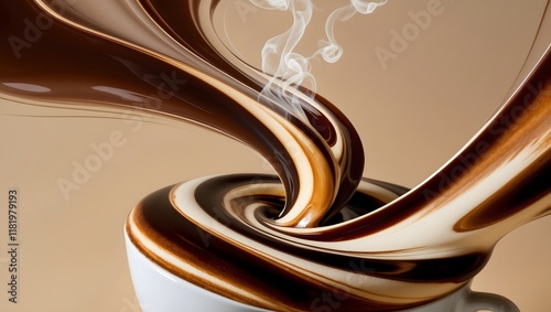 a surreal and vibrant cinematic photograph with abstract swirls of rich, velvety brown and creamy tones, resembling the mesmerizing patterns of coffee swirling in a cup, symbolizing the dynamic flow o photo