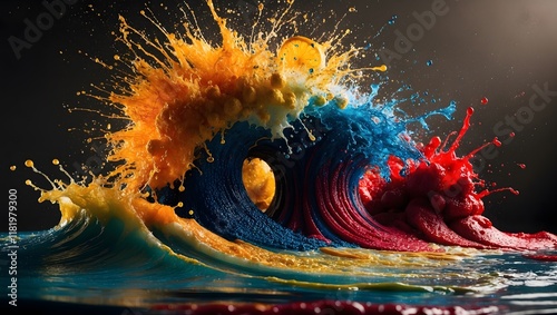 a vivid, high-contrast cinematic photograph featuring an abstract composition of colorful bursts and splashes, reminiscent of textured waves, evoking the dynamic explosion of tastes and sensory experi photo