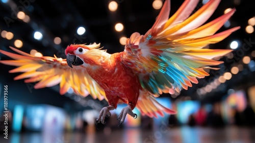 A vivid parrot sculpture in mid-flight, showcasing a burst of colors against a gallery backdrop, illustrating the themes of freedom and joy in artistic expression. photo