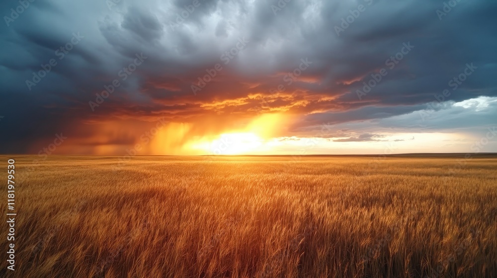 An ethereal sunset casts a warm glow over a rippling wheat field, while ominous dark clouds loom above, creating a striking visual contrast and evoking deep emotional responses to nature. An ethereal sunset casts a warm glow over a rippling wheat field, while ominous dark clouds loom above, creating a striking visual contrast and evoking deep emotional responses to nature.
