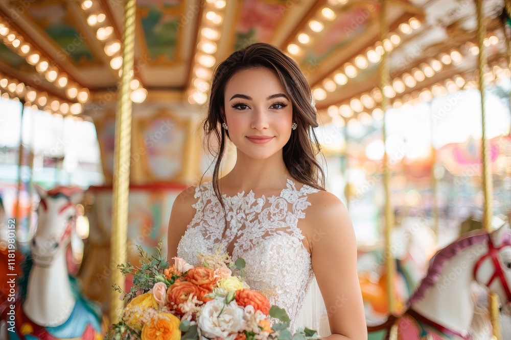 Fototapeta premium Slim beautiful bride standing in front of a vintage carousel, holding her bouquet, whimsical and playful wedding atmosphere, vibrant colors and fun vibes