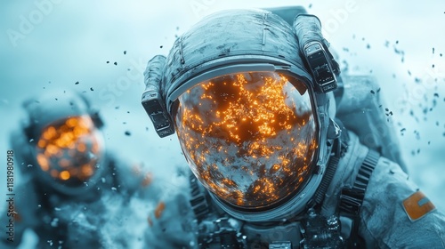 Two astronauts on a bold space mission, their helmets adorned with glowing elements, showcase human ambition and the fascinating allure of the universe's mysteries.