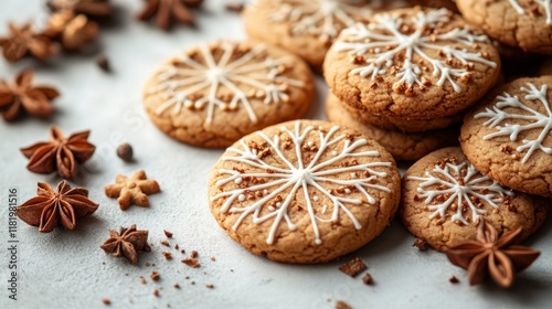 Stack of snowflake-decorated Christmas cookies with spices. © ROY