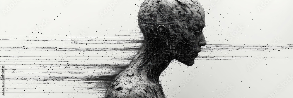Fototapeta premium Dissolving Silhouette Abstract Human Profile Transformation Digital Fragmentation Modern Concept