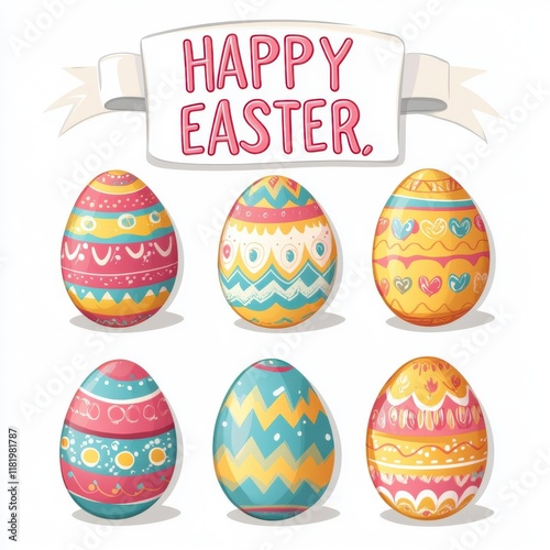 Vector illustration of a set of happy Easter eggs with decorative patterns and a ribbon banner on a white background, in a cartoon style.