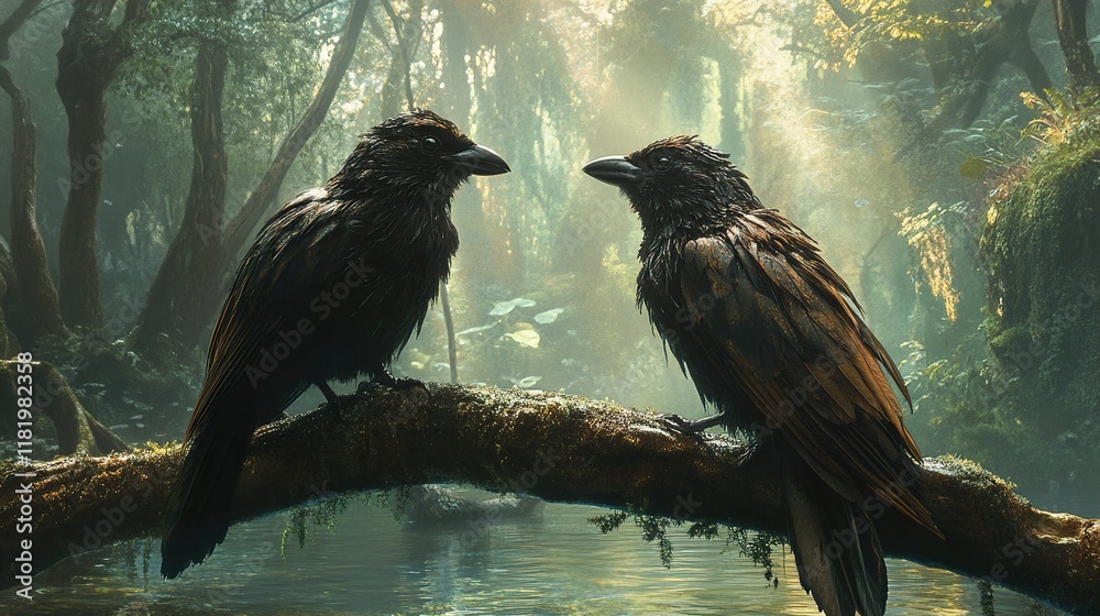 Fototapeta premium Two Ravens in a Mystical Forest