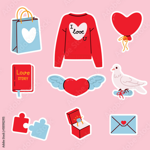 Valentines day cute stickers with gift, dove, ring and love story book