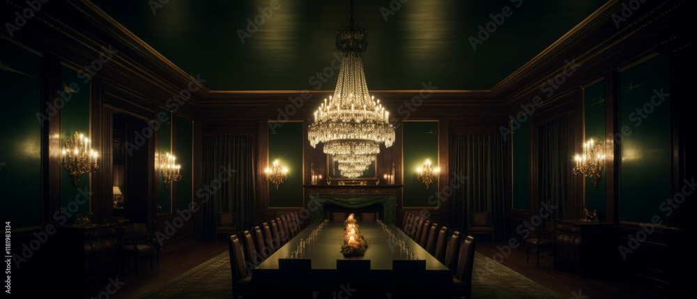 Fototapeta premium guest room featuring a velvet-upholstered bed in deep green, gold-accented nightstand