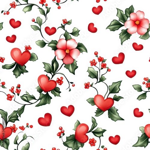 Wallpaper Mural Decorative Floral and Heart Pattern on a White Background for Romantic and Celebration Themes Torontodigital.ca