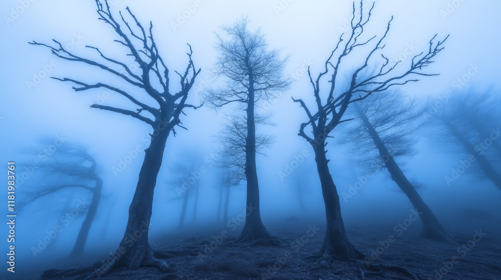 Obraz premium Foggy Forest with Twisted, Leafless Trees