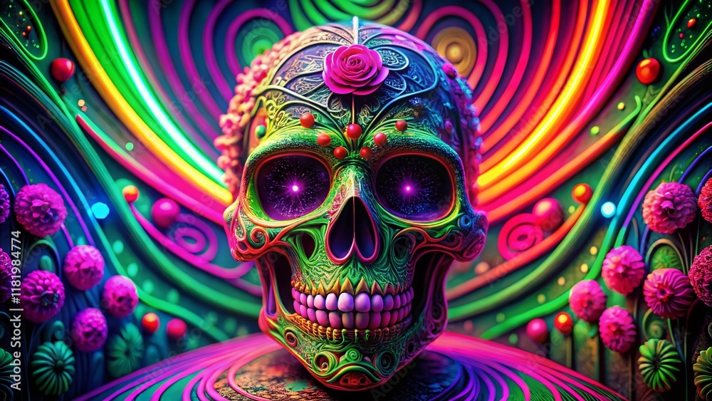 Radiant Neon Sugar Skull with Glowing Swirls - Vibrant Green & Pink Radiant Neon Sugar Skull with Glowing Swirls - Vibrant Green & Pink