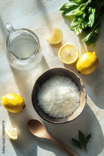 Fresh ingredients for cooking with rice, lemons, basil, and water on a sunlit kitchen counter